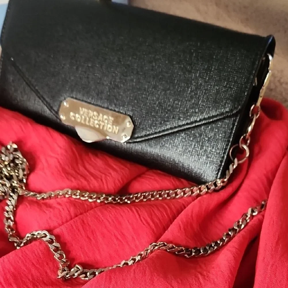 Versace Collection Black Envelope Clutch with Chain